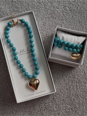 ETIKKA Beaded Turquoise Gold Heart Necklace & Turquoise and Gold Heart Bracelet